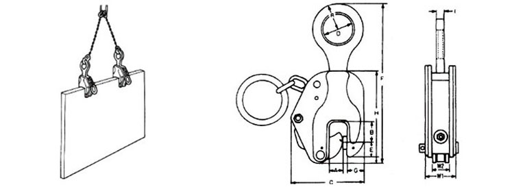 E型竖吊钢板钳结构尺寸图